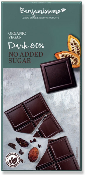 Ciocolata cu 80% cacao bio, fara zahar adaugat, 70g, Benjamissimo