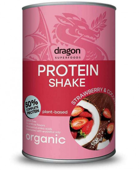 Shake proteic capsuni si cocos bio 450g Dragon Superfoods - 50% proteine