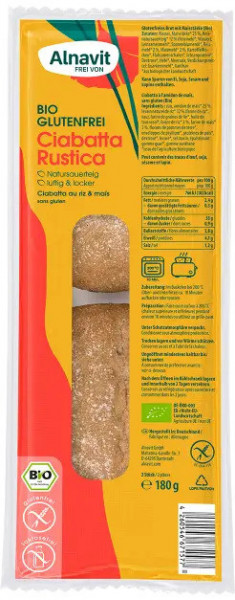 Ciabatta rustica fara gluten, precoapta, bio, 180g, 2 buc. Alnavit
