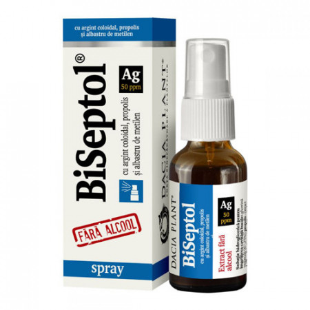 BiSeptol spray cu propolis, albastru de metilen si argint coloidal, fara alcool, 20ml, Dacia Plant