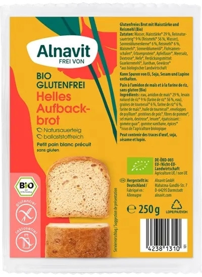Paine alba fara gluten, precoapta, bio, 250g Alnavit