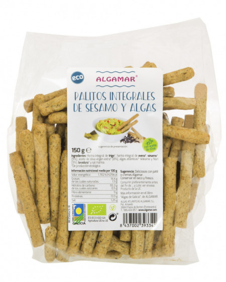 Sticks din grau integral cu susan si alge marine bio 100g Algamar