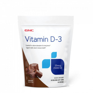Vitamina D-3 1000 UI naturala 100% din lanolina, aroma de ciocolata, 60 caramele, GNC