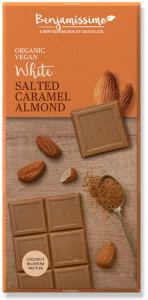 Ciocolata alba cu migdale si caramel sarat bio, 70g, Benjamissimo