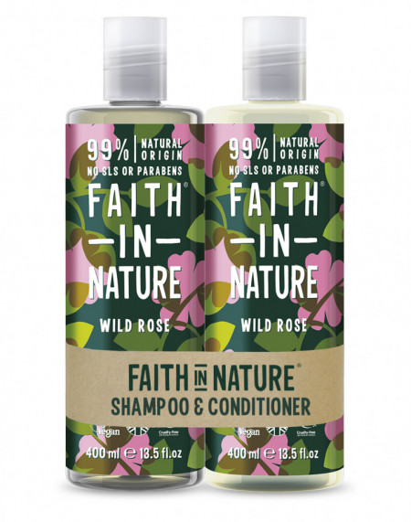 Set Sampon & Balsam cu Trandafir Salbatic, pt toate tipurile de par, Faith in Nature, 2 x 400 ml