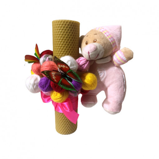 Lumanare de botez din ceara naturala de albine cu gheme si ursulet si fluturi multicolori, Pink Bear, 26 cm