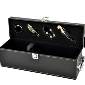 Cutie neagra eleganta de cadou pentru vin din piele ecologica cu 4 accesorii