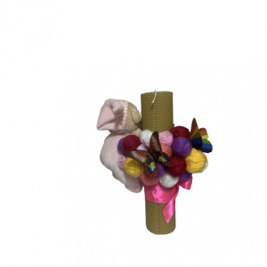 Lumanare de botez din ceara naturala de albine cu gheme si ursulet si fluturi multicolori, Pink Bear, 26 cm