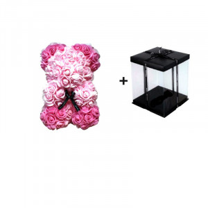 Ursulet din trandafiri din spuma de sapun, 25 cm, 2 nuante de roz, handmade, cutie transparenta