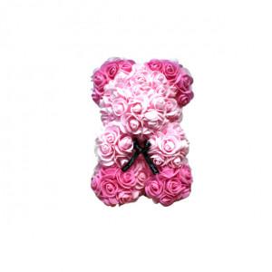 Ursulet din trandafiri din spuma de sapun, 25 cm, 2 nuante de roz, handmade, cutie transparenta