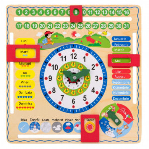 Calendar, ceas si elemente ale naturii, tip tablita, din lemn, multicolor, 30 cm