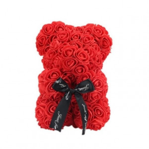 Ursulet din trandafiri din spuma de sapun, 25 cm, rosu, handmade, cutie transparenta