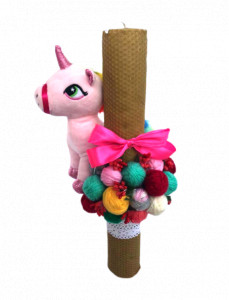 Lumanare de botez din ceara naturala cu ghema si unicorn