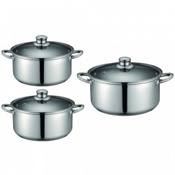Set 3 Cratițe din Inox cu Capac din Sticlă Peterhof, 6, 8 şi 10 Litri, 6 piese, Bază Stratificată, Inducţie