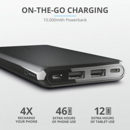 Baterie externa Trust Esla Thin 10000 mAh, 2.4 A, 1xUSB-C + 2xUSB, NM/ 23293, Negru