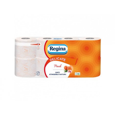 Hartie igienica Regina Delicate Piersica, 3 straturi, 8 role, 16 m, Portocaliu