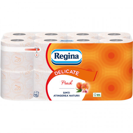 Hartie igienica Regina Delicate Piersica, 3 straturi, 16 role, Portocaliu