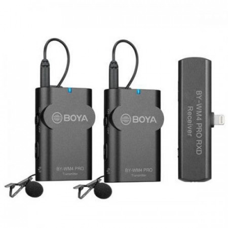Sistem de microfoane Boya NMBY-WM4 PRO-K4, digitale fără fir cu două canale pentru dispozitive iOS, 2x transmițător TX4, 1x receptor BY-WM4 RXD și microfon lavalier, 2.4Ghz, Gri