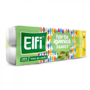 Hartie igienica Elfi Family Ceai verde, 3 straturi, 120 foi, 10 role, Alb