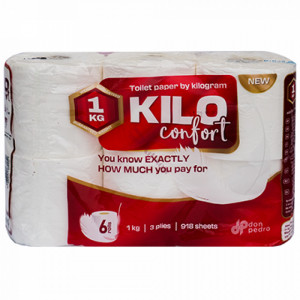 Hartie igienica Kilo Confort, 6 role, 3 straturi, 918 foi, Alb