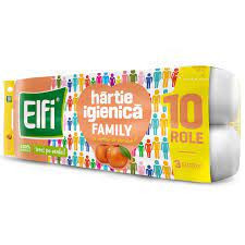 Hartie igienica Elfi Family cu parfum de Piersica, 3 straturi, 120 foi, 10 role, Alb