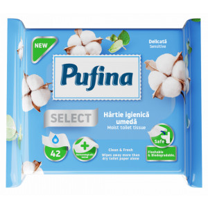 Hartie igienica umeda Pufina Sensitive, 42 buc, Alb