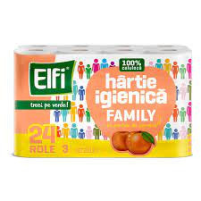 Hartie igienica Elfi Family, Piersica, 3 straturi, 120 foi, 24 role, Alb