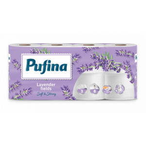 Hartie igienica Pufina Lavender Fields, 8 role, 3 straturi, Alb
