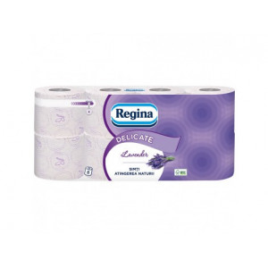 Hartie igienica Regina Delicate Lavanda, 3 straturi, 8 role, 16 m, Alb/Mov