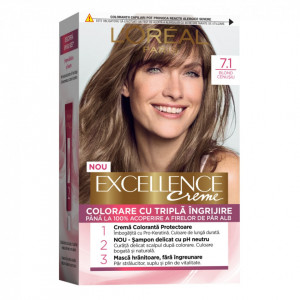 Vopsea de par permanenta cu amoniac L'Oreal Paris Excellence Creme 7.1 Blond Cenusiu, 192 ml