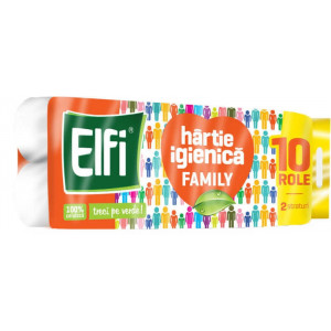 Hartie igienica Elfi Family, 2 straturi, 110 foi, 10 role, Alb