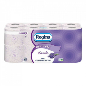 Hartie igienica Regina Delicate Lavanda, 3 straturi, 16 role, 16 m, Alb/Mov
