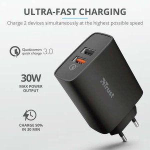 Incarcator Trust Qmax Dual USB, Quick Charge 3.0, 30 W, NM/ 23559, Negru