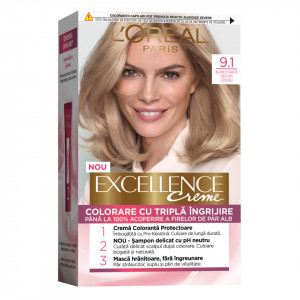 Vopsea de par permanenta cu amoniac L'Oreal Paris Excellence Creme 9.1 Blond Foarte Deschis Cenusiu, 192 ml