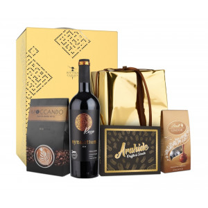 Cutie cadou Byzantium -Panettone, Vin rose, Arahide, Cafea, Praline de ciocolata