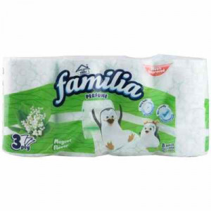 Hartie igienica parfumata Familia Muguet Flower, 3 straturi, 8 role, Alb