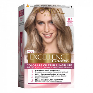 Vopsea de par permanenta cu amoniac L'Oreal Paris Excellence Creme 8.1 Blond Deschis Cenusiu, 192 ml