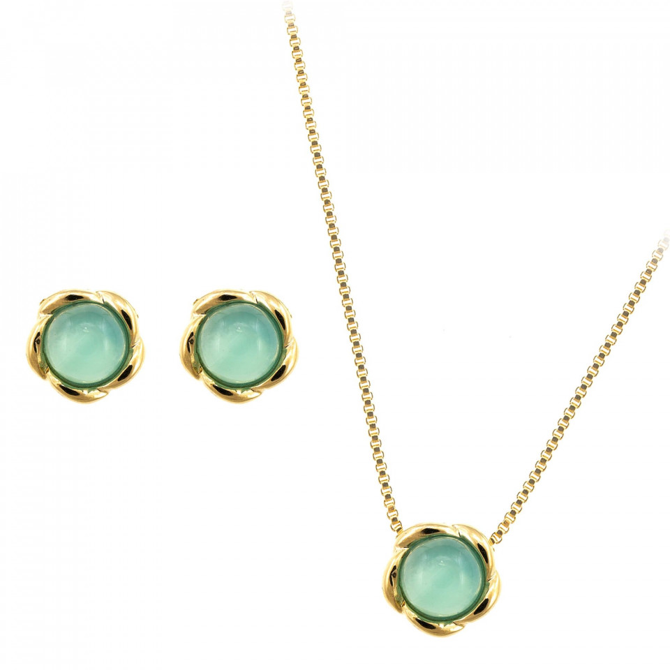 Set bijuterii cu aur - Bloom - colier si cercei cu pietre semipretioase Agat Albastru - Roxannes.ro