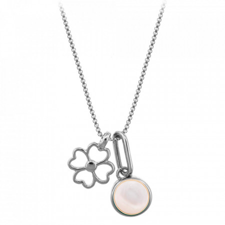 Colier placat cu argint Lucky Four Leaf Clover si piatra semipretioasa Mother of Pearl (Sidef)-Argintiu-8490