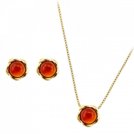 Set bijuterii placate cu aur - Bloom - colier si cercei cu pietre semipretioase Agat Rosu-Rosu-8250