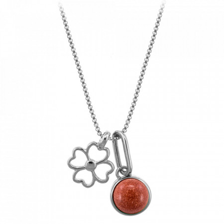 Colier placat cu argint Lucky Four Leaf Clover si piatra semipretioasa Sunstone (Piatra Soarelui)-Argintiu-8492