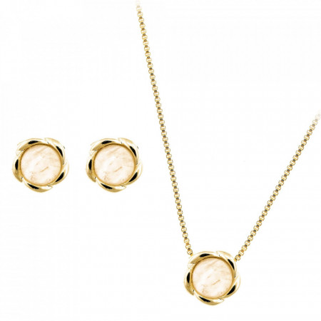 Set bijuterii placate cu aur - Bloom - colier si cercei cu pietre semipretioase Quartz Roz-Roz-8252