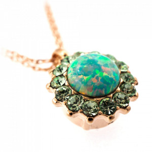Pandantiv cu lant placat cu Aur roz de 24K, cu cristale Swarovski, Fern | 5034/1SO-M2143RG-Verde-6820
