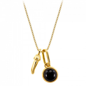Colier placat cu aur Lucky Chili Pepper si piatra semipretioasa Black Agate (Agat Negru)