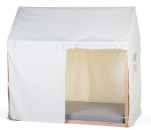 Krevet u obliku kućice sa belom tendom, 70x140 cm, natur