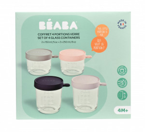 BEABA set 4 staklene posude 2x150ml pink/eucal/2x250ml light mist/dark blue