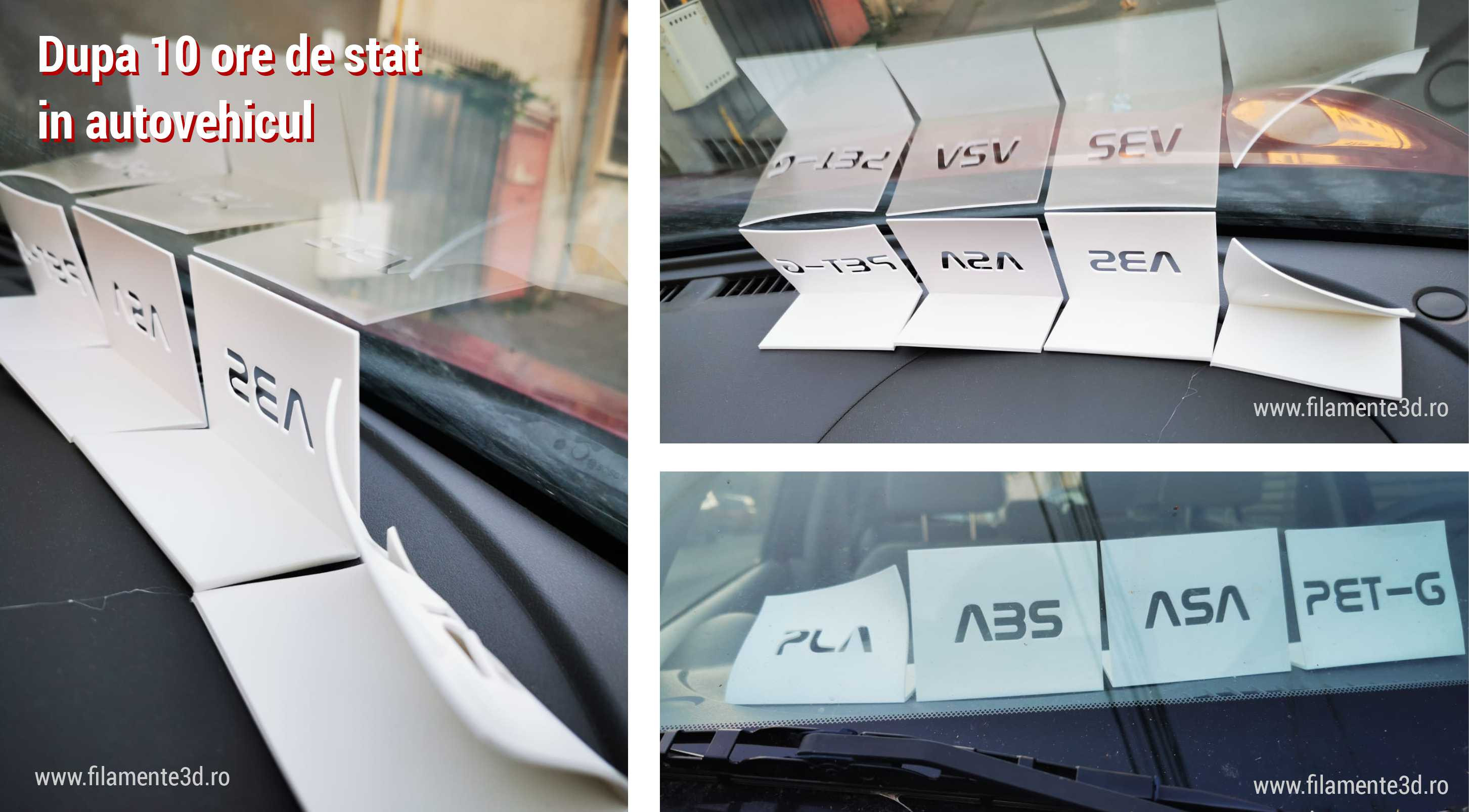 Test comparativ PLA vs ABS vs PETG vs ASA pe bordul mașinii după 10 ore expunere la soare — august, București