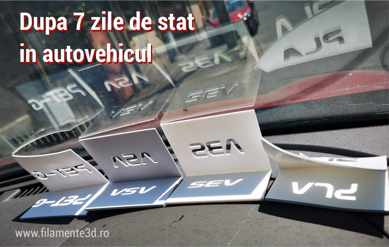 Test comparativ PLA vs ABS vs PETG vs ASA pe bordul mașinii după 7 zile — perspectivă de ansamblu