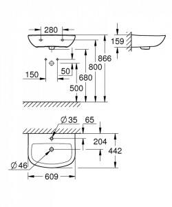 39421000 schita tehnica lavoar cermica bau ceramic grohe 