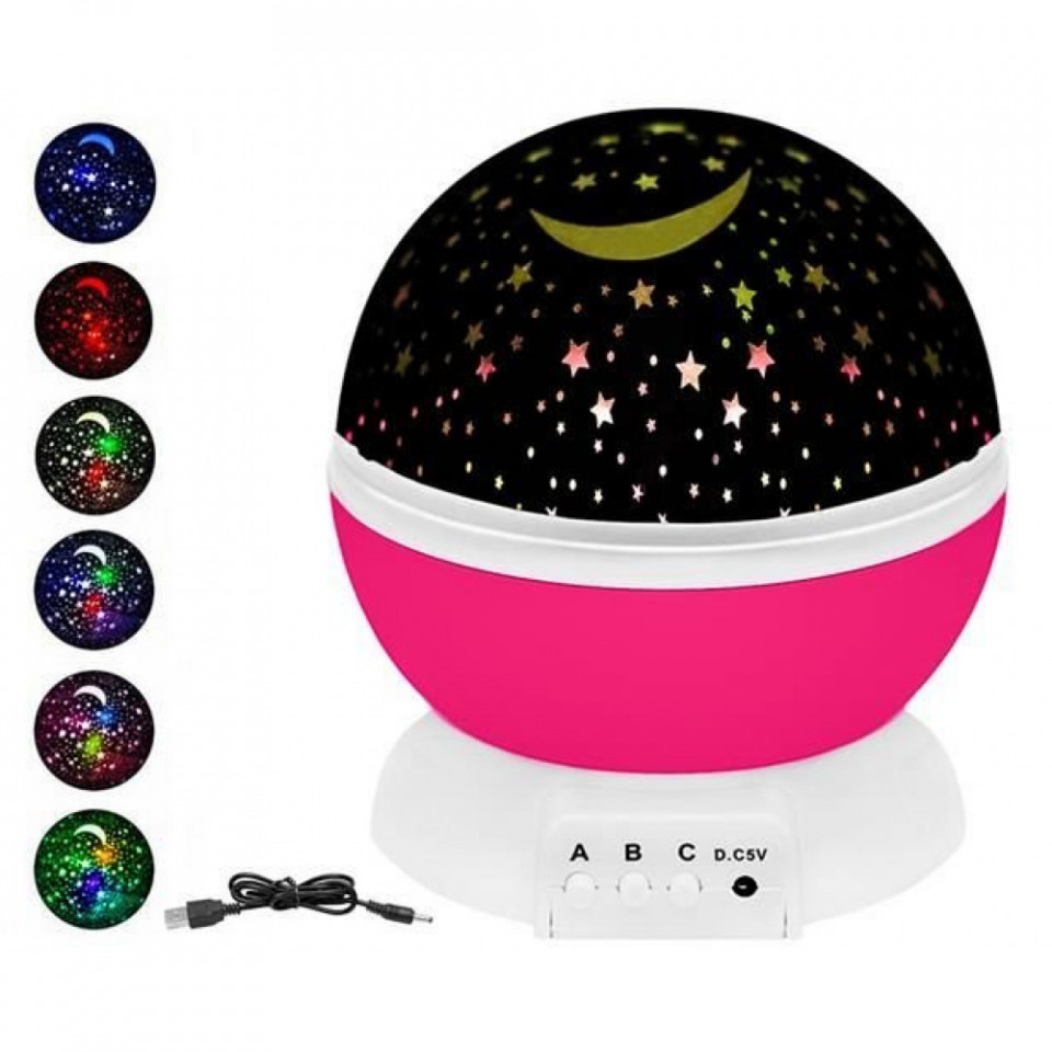 Lampa de Veghe cu Proiector Rotativ Stele 360 Star Master Alb-Roz
